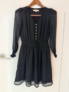 LOFT Black Long Sleeve V-Neck Dress with Gold Buttons